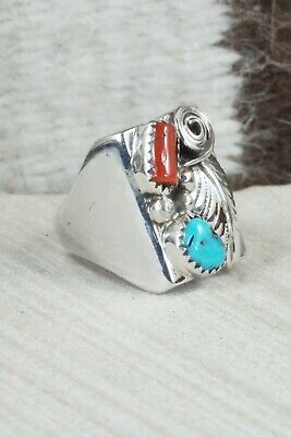 Turquoise, Coral and Sterling Silver Ring - Wilbur Myers - Size 9