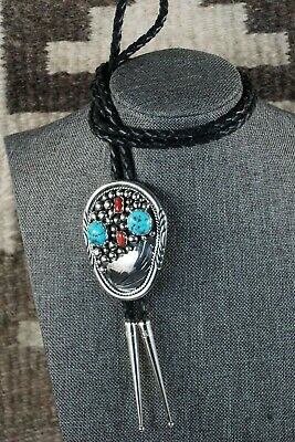 Navajo Turquoise, Coral and Sterling Silver Bolo Tie - Fred Peters - High Lonesome Trading