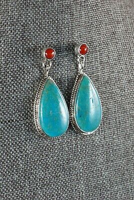 Navajo Turquoise and Coral Sterling Silver Earrings - Judy Largo