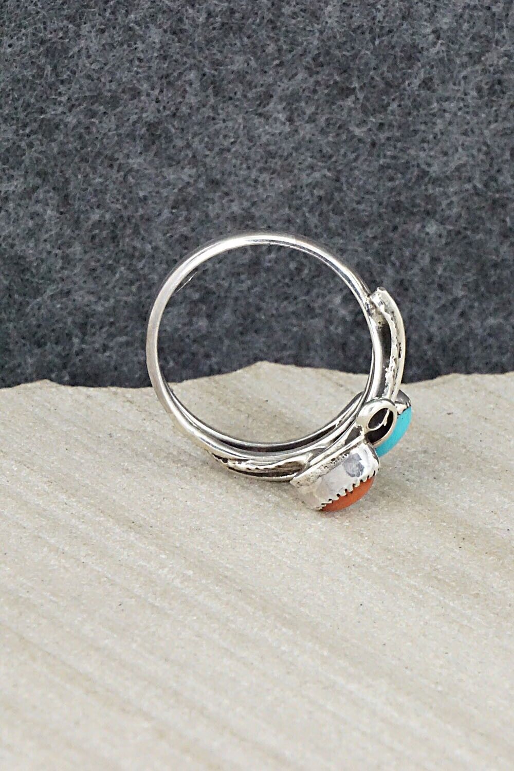 Turquoise, Coral & Sterling Silver Ring - Harry Yazzie - Size 7.5