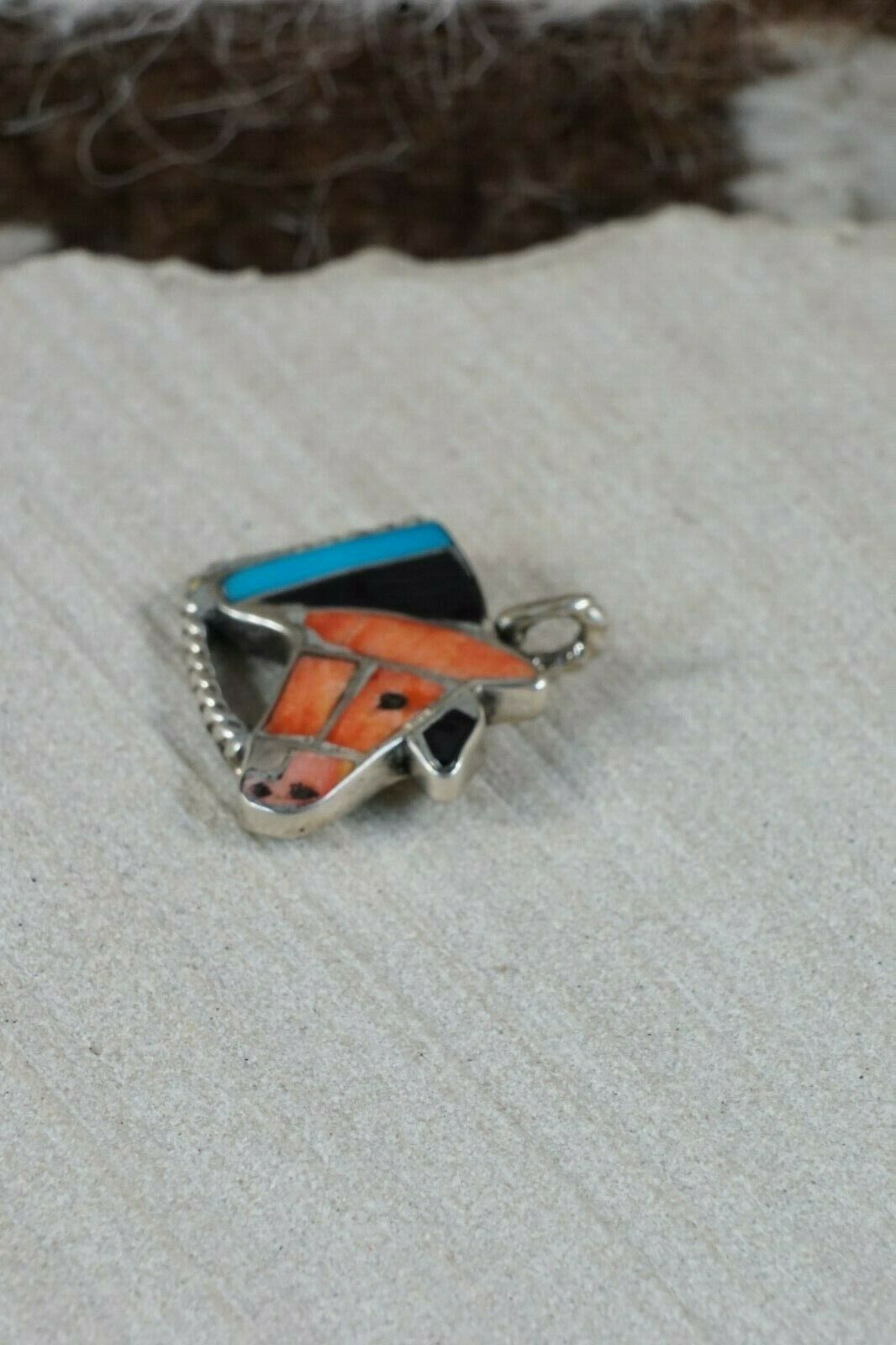 Zuni Spiny Oyster & Turquoise Sterling Silver Horse Pendant - Robbie Zunie - High Lonesome Trading
