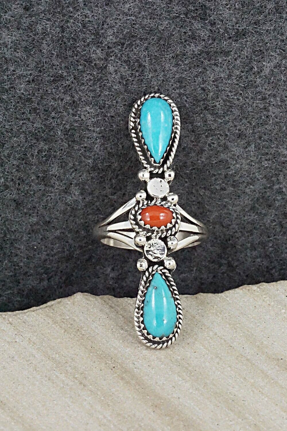 Turquoise, Coral & Sterling Silver Ring - Andrew Vandever - Size 7