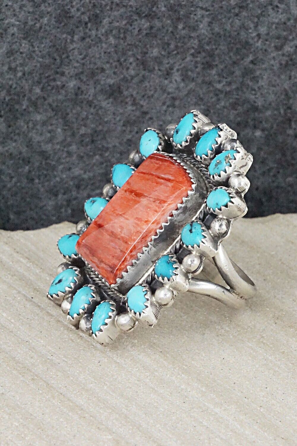 Turquoise, Spiny Oyster & Sterling Silver Ring - Tom Lewis - Size 8.5