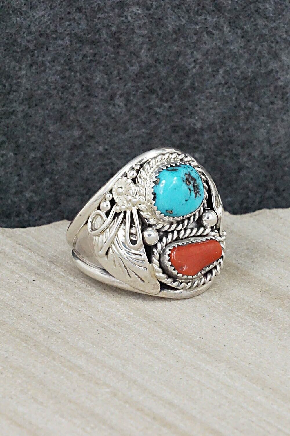 Turquoise, Coral & Sterling Silver Ring - Leonard Spencer - Size 12