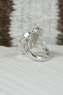 Navajo Turquoise, Coral & Sterling Silver Ring - Roberta Begay - Size 6.5