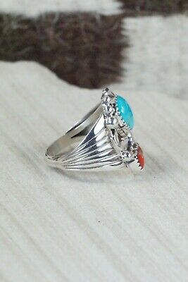 Navajo Turquoise, Coral & Sterling Silver Ring - Jeanette Saunders - Size 9.5