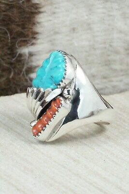 Turquoise, Coral & Sterling Silver Ring - Lyolita Tsattie - Size 8