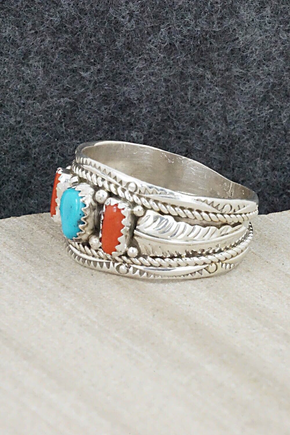 Turquoise, Coral and Sterling Silver Ring - Betty Begay - Size 14.5