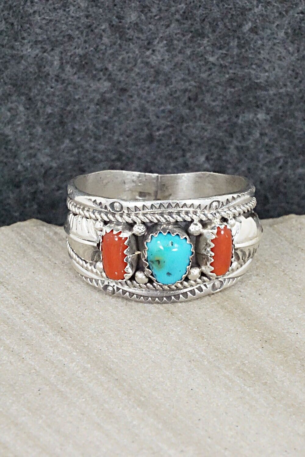 Turquoise, Coral and Sterling Silver Ring - Betty Begay - Size 13.25