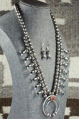 Coral & Sterling Silver Squash Blossom and Earrings - Leon Kirlie