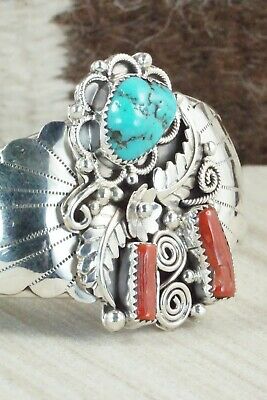 Turquoise, Coral & Sterling Silver Bracelet - Shirley Largo