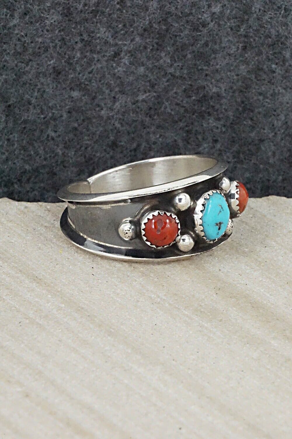 Turquoise, Coral & Sterling Silver Ring - Paul Largo - Size 13