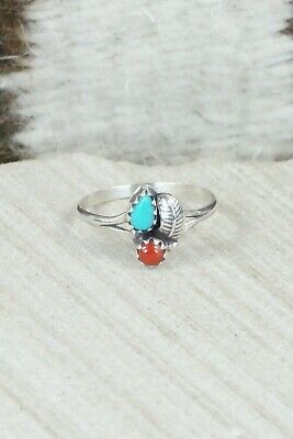 Turquoise & Coral Sterling Silver Ring - Betty Hawthorne - Size 5