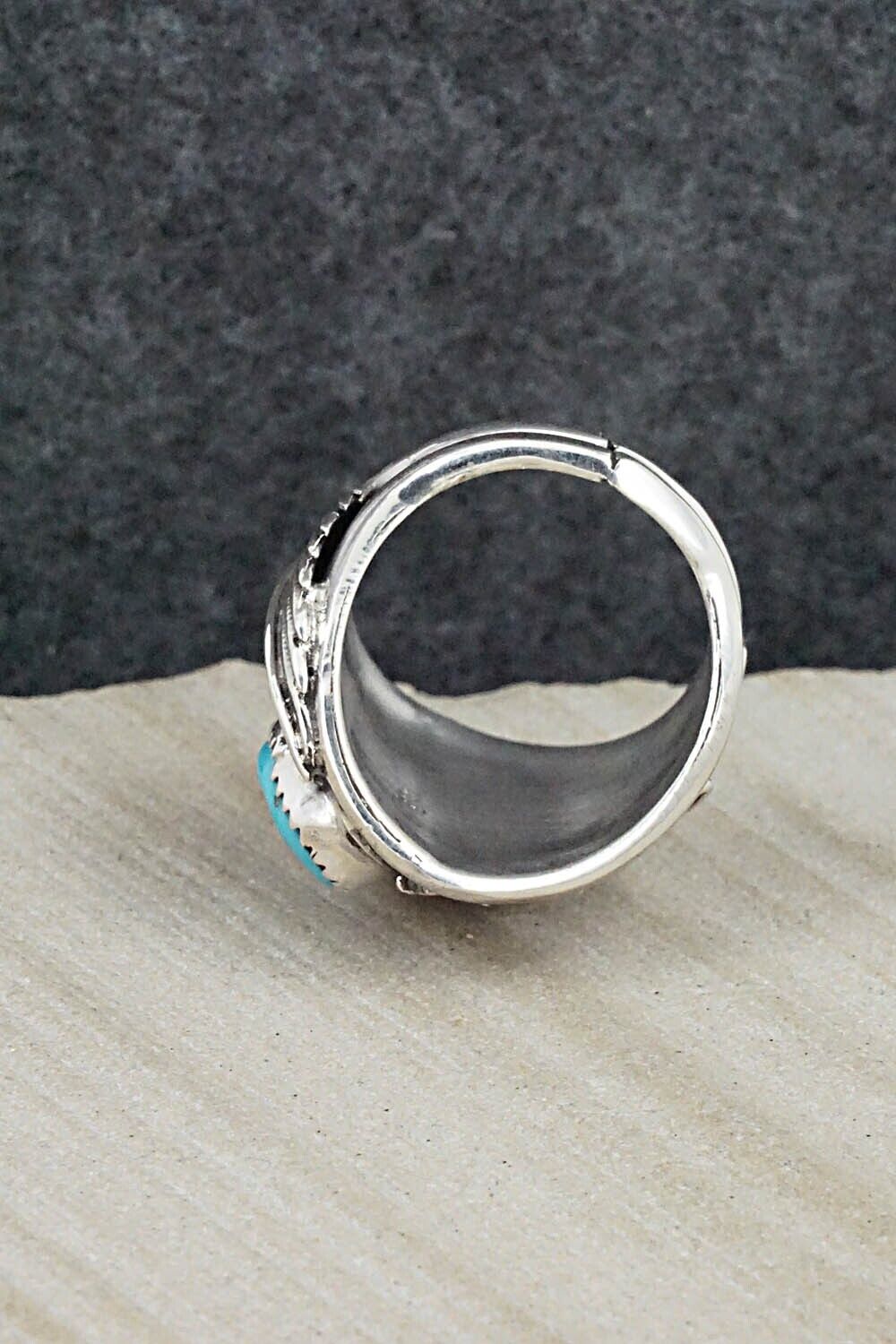 Turquoise, Coral & Sterling Silver Ring - Jeannette Saunders - Size 9.25
