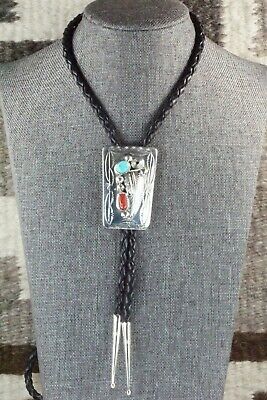 Turquoise, Coral & Sterling Silver Bolo Tie - Wilbur Myers