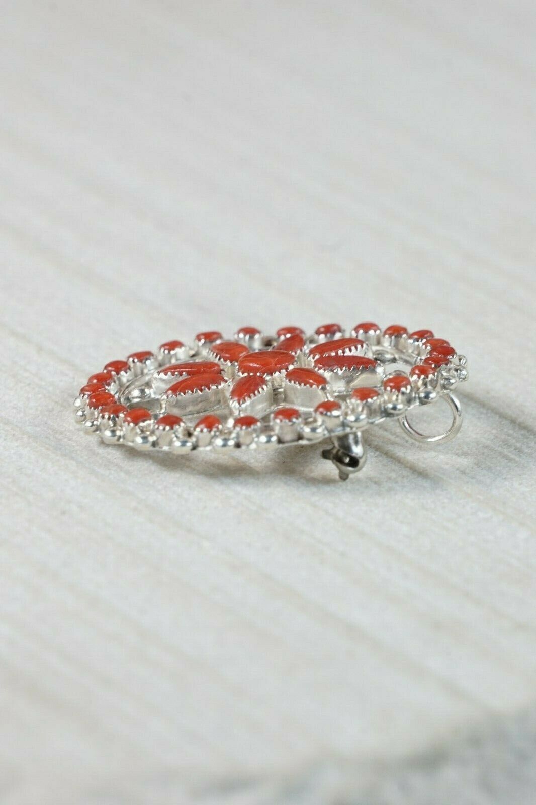 Zuni Coral & Sterling Silver Pendant / Pin - Rena Tsatie - High Lonesome Trading