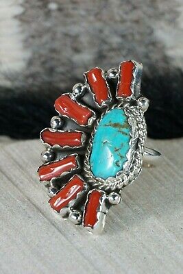 Navajo Turquoise, Coral and Sterling Silver Ring - Spencer - 6 - High Lonesome Trading