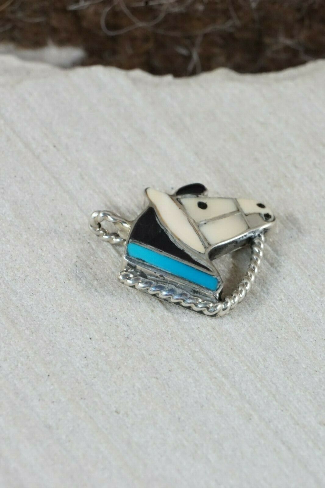 Zuni Turquoise & Mother of Pearl Sterling Silver Horse Pendant - Robbie Zunie - High Lonesome Trading