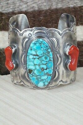 Navajo Turquoise, Coral & Sterling Silver Bracelet - Raymond Delgarito