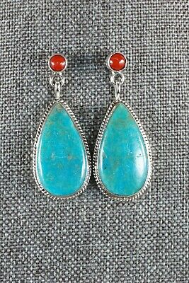 Navajo Turquoise and Coral Sterling Silver Earrings - Judy Largo