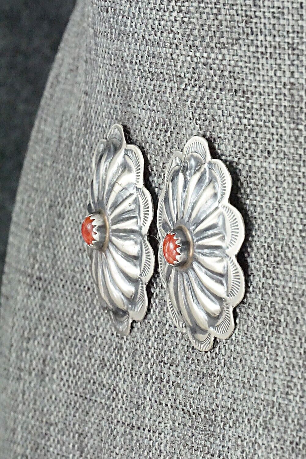 Spiny Oyster & Sterling Silver Earrings - Joan Begay