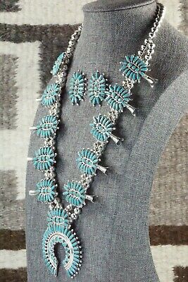Turquoise & Sterling Silver Squash Blossom and Earrings - Nathaniel Nez