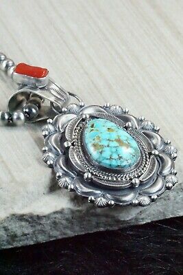 Turquoise, Coral Pendant & Sterling Silver Necklace - Tom Lewis