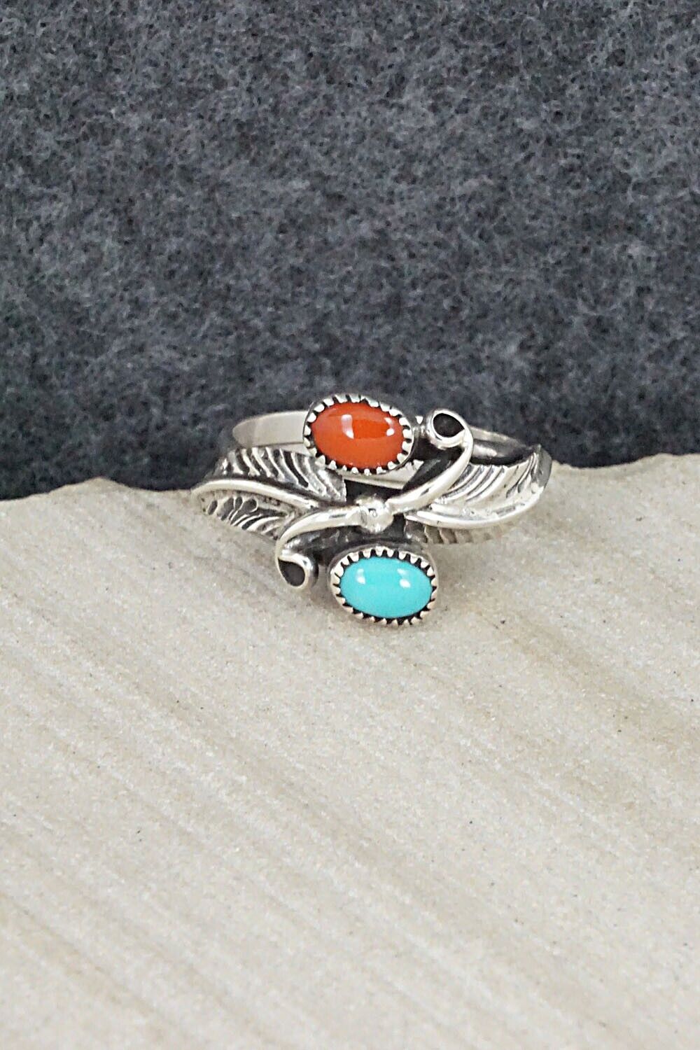 Turquoise, Coral & Sterling Silver Ring - Harry Yazzie - Size 6.5