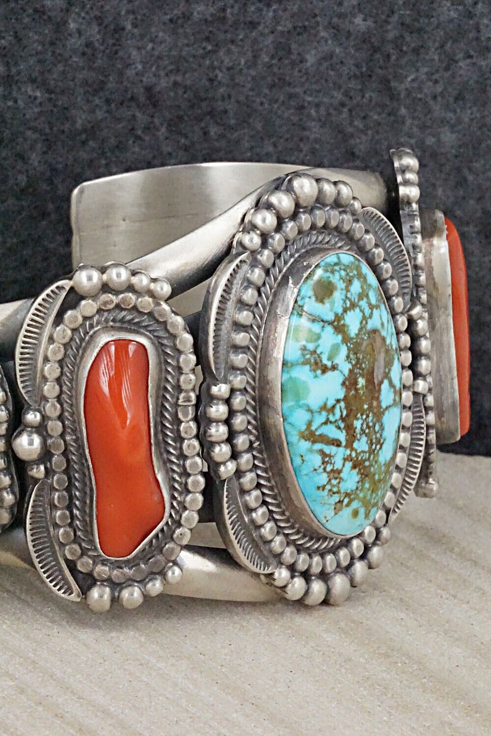 Turquoise, Coral and Sterling Silver Bracelet - Tom Lewis