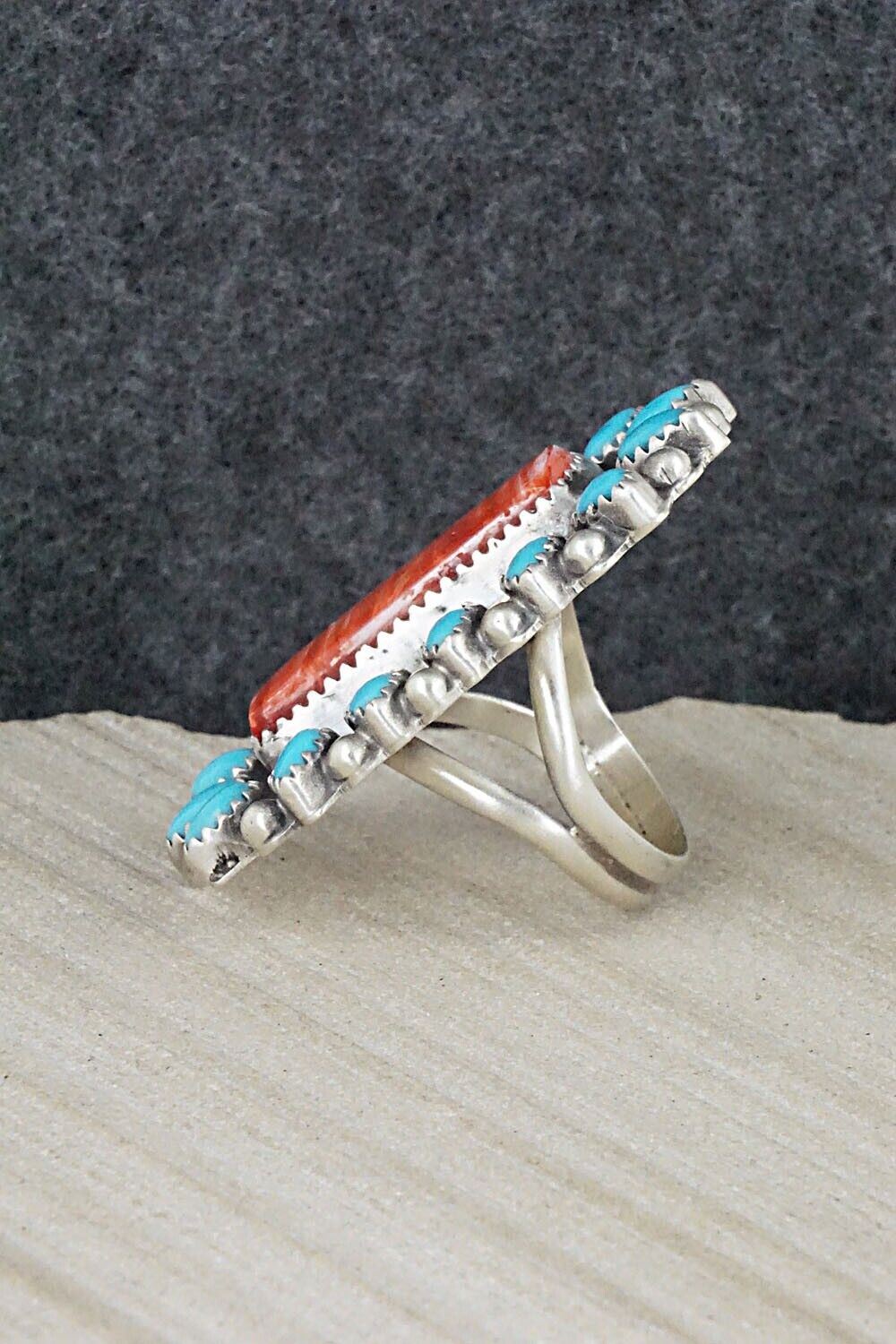 Turquoise, Spiny Oyster & Sterling Silver Ring - Tom Lewis - Size 7.25