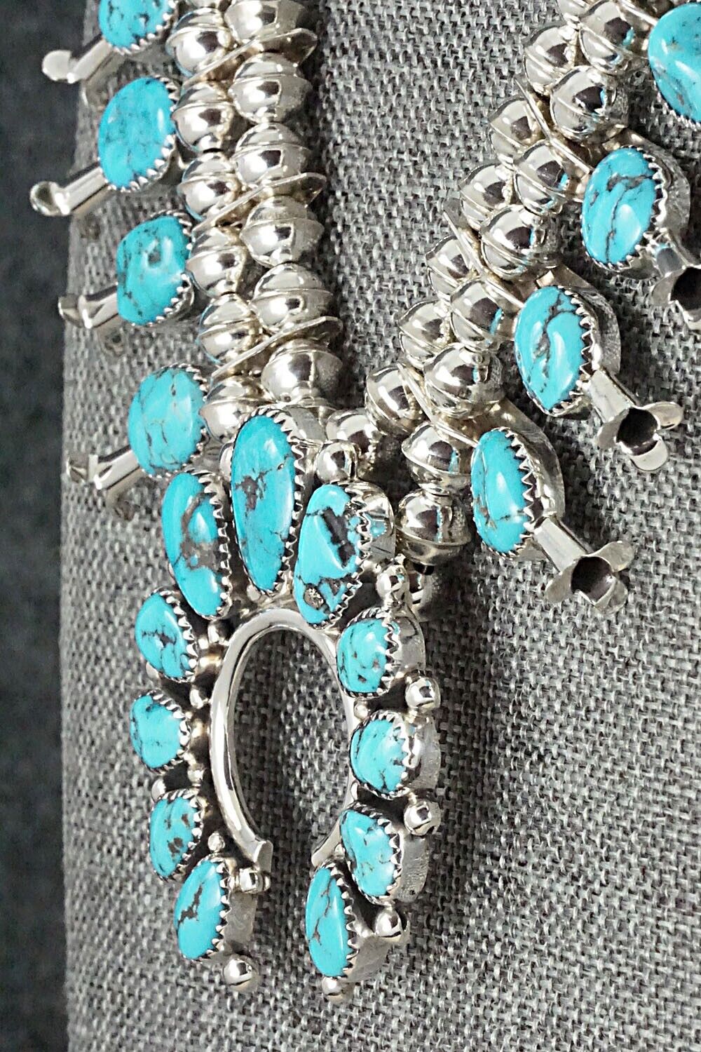 Turquoise & Sterling Silver Squash Blossom and Earrings Set - Calfreda Roanhorse