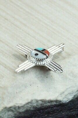 Turquoise, Coral & Sterling Silver Sun Face Pendant/ Pin - Elvira Kiyite