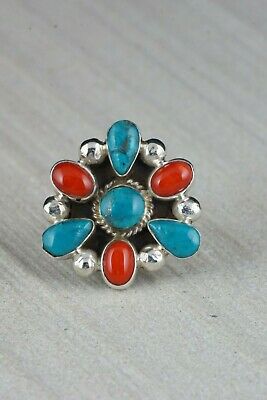 Navajo Turquoise and Coral Cluster Sterling Silver Ring - Roberta Begay - Size 6 - High Lonesome Trading