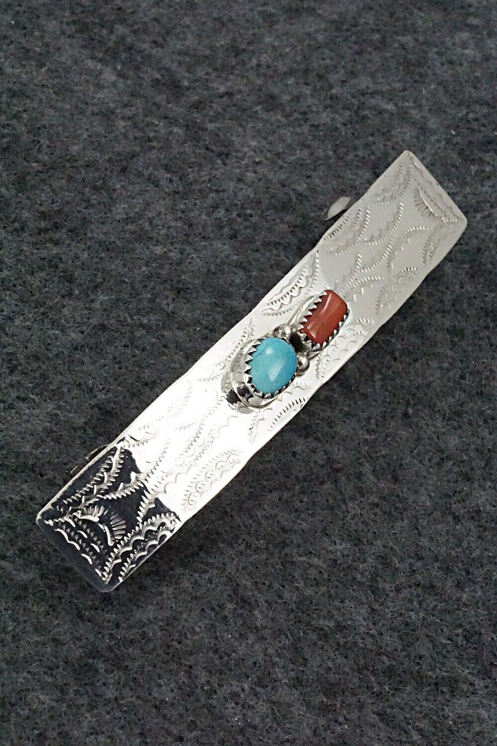 Turquoise, Coral & Sterling Silver Hair Barrette - Sally Arviso