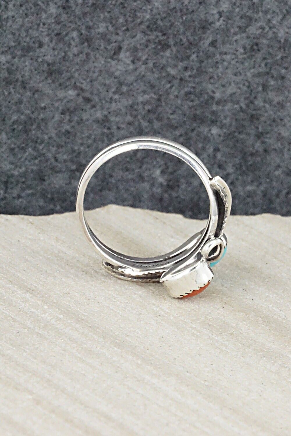 Turquoise, Coral & Sterling Silver Ring - Harry Yazzie - Size 6.5