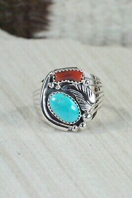 Navajo Turquoise, Coral & Sterling Silver Ring - Jeanette Saunders - Size 11