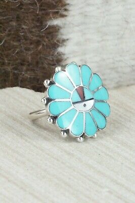 Turquoise & Sterling Silver Inlay Ring - Delbert Soseeah - Size 5.5