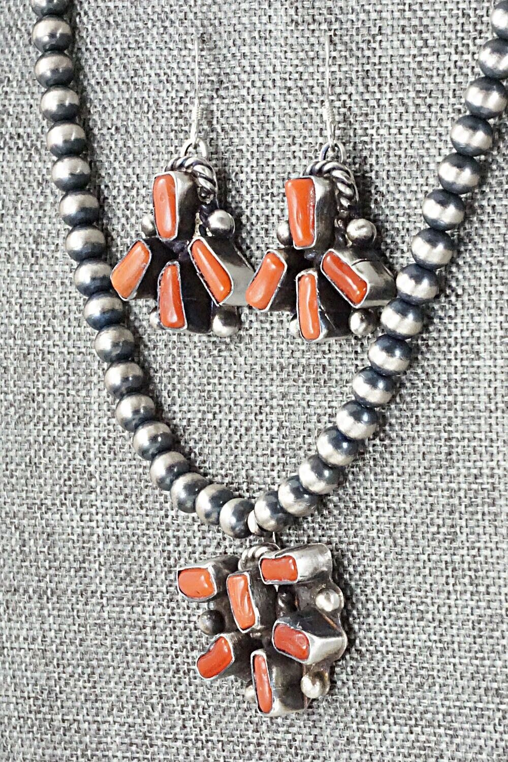 Coral & Sterling Silver Necklace and Earrings Set - Wilson Dawes