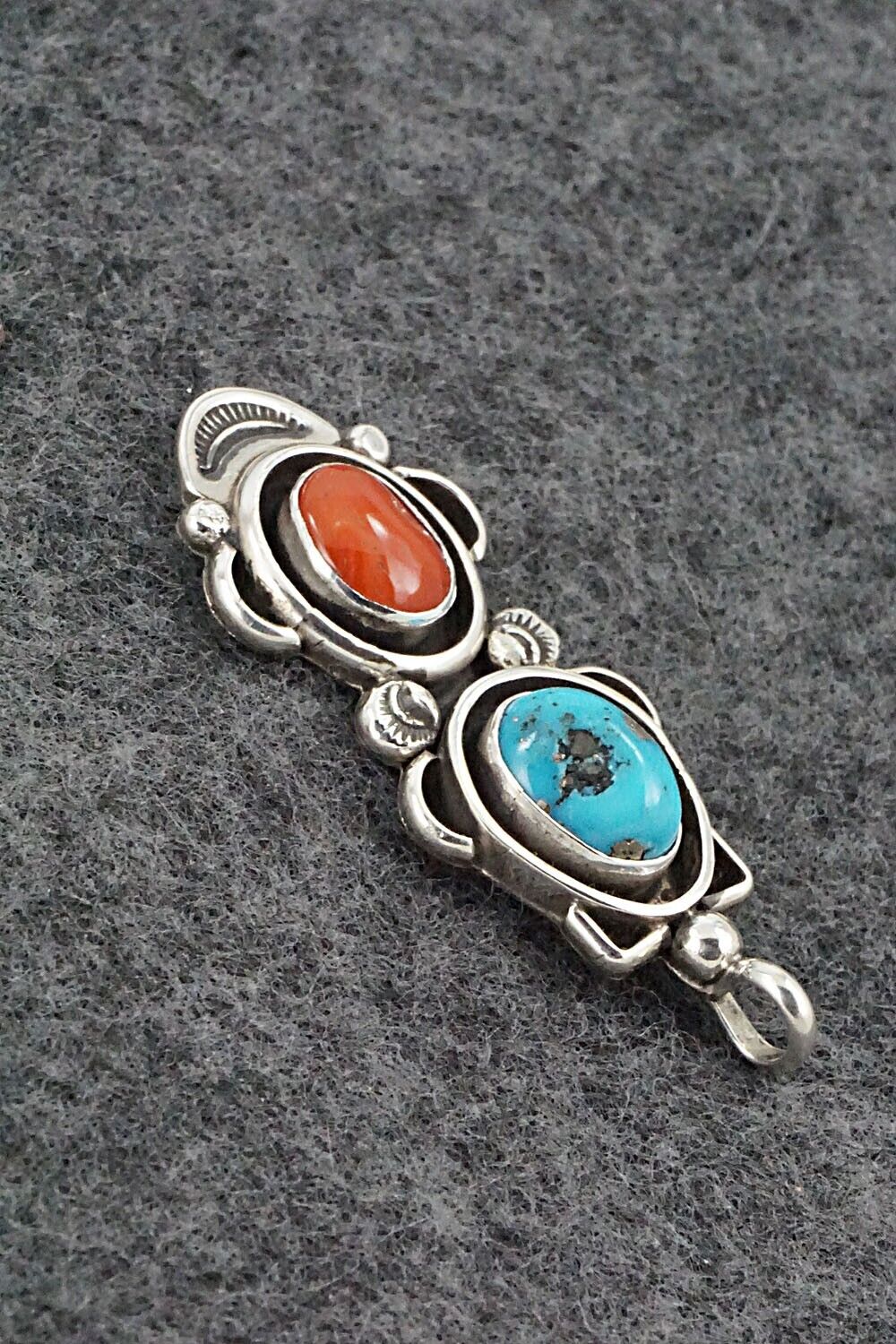 Turquoise, Coral & Sterling Silver Pendant - Roger Lewis