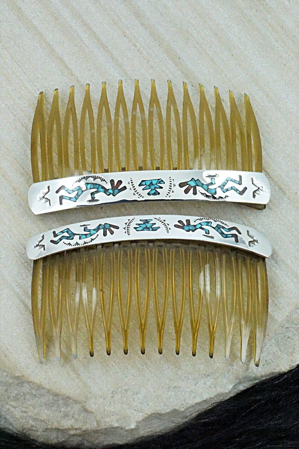 Turquoise, Coral Chip Inlay & Sterling Silver Hair Combs - Joleen Yazzie