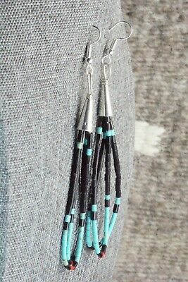Turquoise, Jet, Coral & Sterling Silver Earrings - Esquipula Tenorio