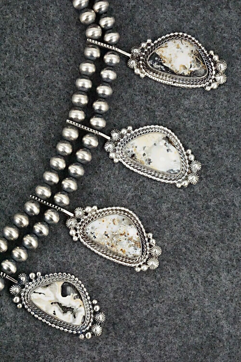 White Buffalo & Sterling Silver Squash Blossom Set - Tom Lewis