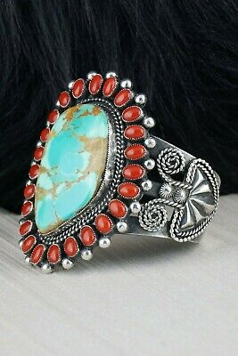Navajo Turquoise & Coral Sterling Silver Bracelet - Braxton Parkett - High Lonesome Trading