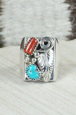 Turquoise, Coral and Sterling Silver Ring - Wilbur Myers - Size 9