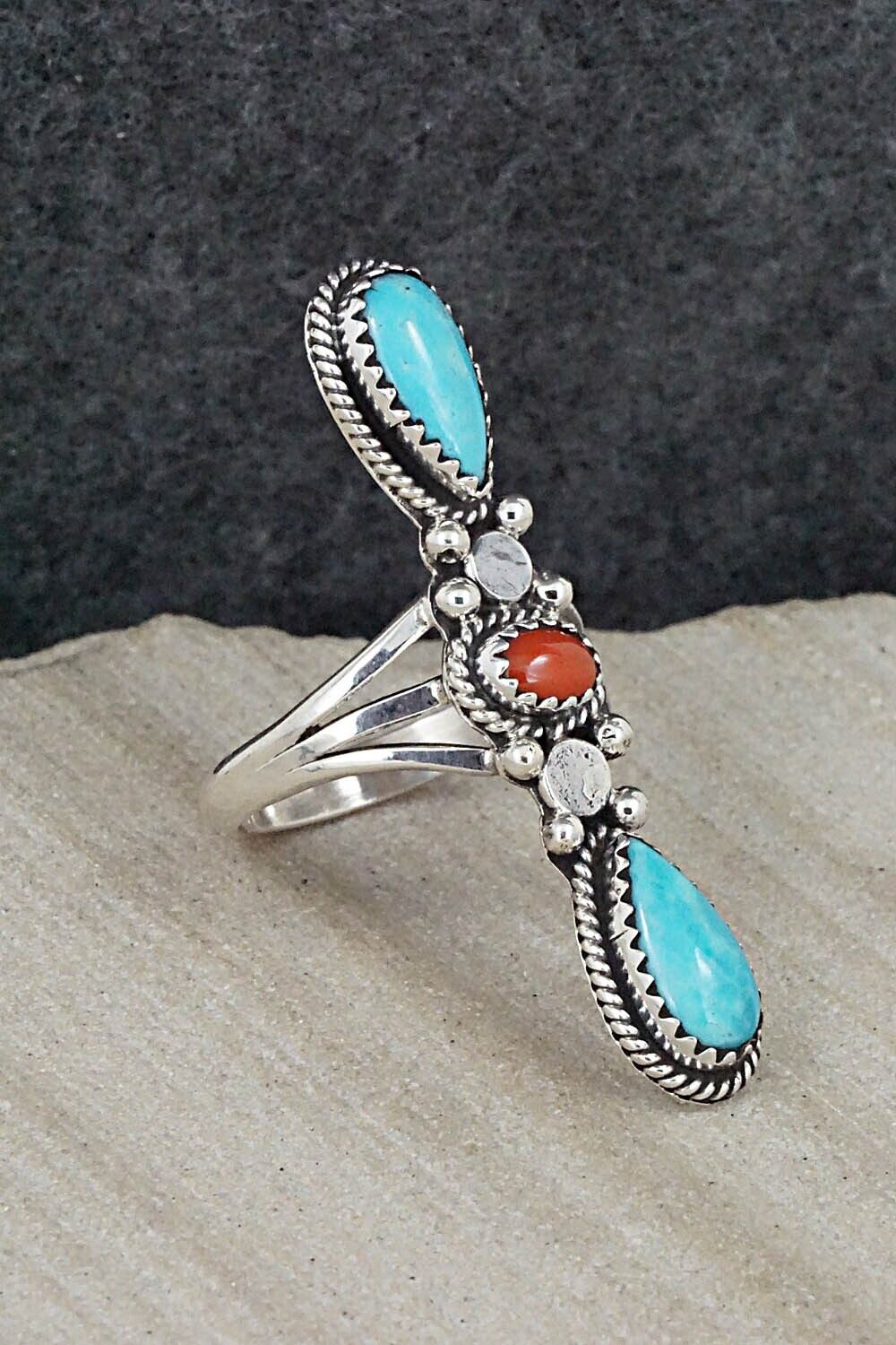 Turquoise, Coral & Sterling Silver Ring - Andrew Vandever - Size 8.5