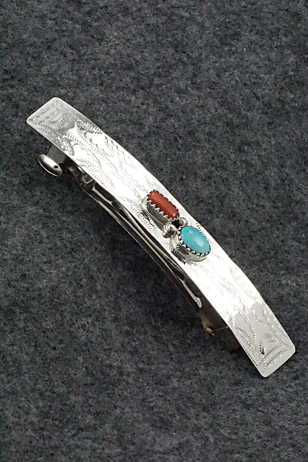 Turquoise, Coral & Sterling Silver Hair Barrette - Sally Arviso