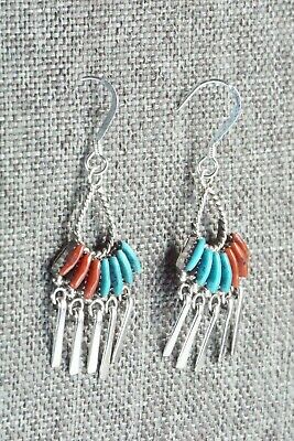 Turquoise, Coral & Sterling Silver Earrings - Edmund Cooeyate - High Lonesome Trading