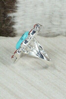 Turquoise & Coral Sterling Silver Ring - Roberta Begay - Size 6.5