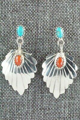 Turquoise, Coral & Sterling Silver Earrings - Genevieve Frank - High Lonesome Trading