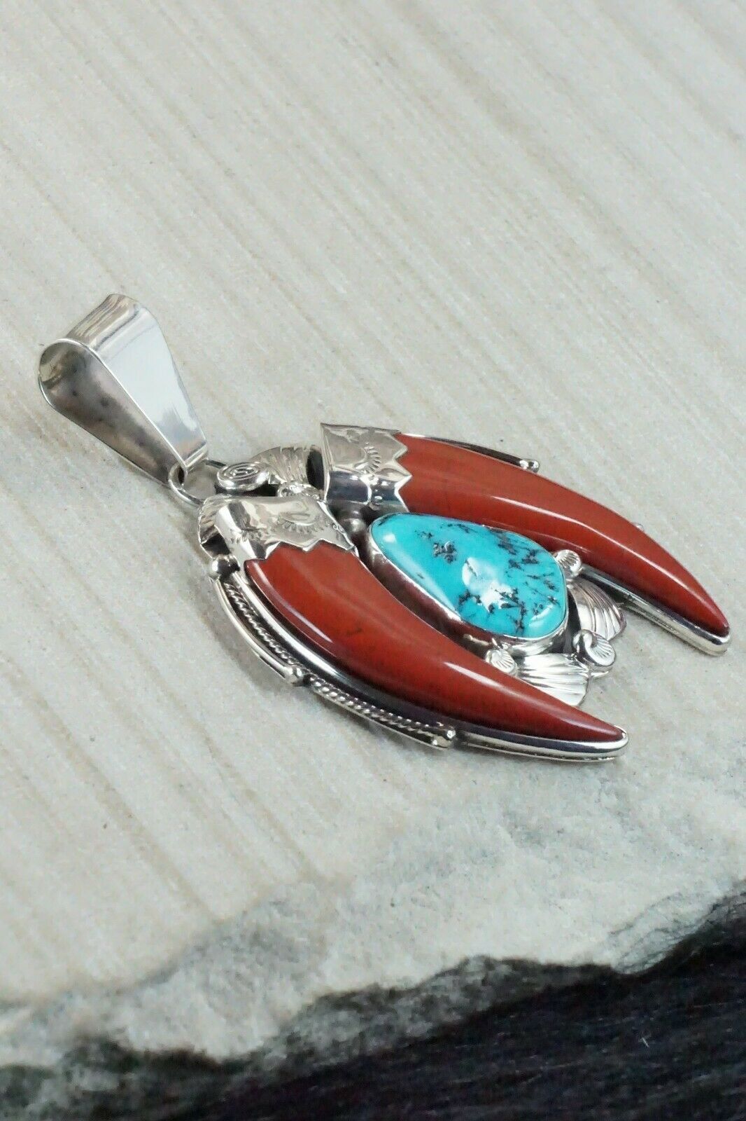 Coral, Turquoise & Sterling Silver Pendant - Navajo